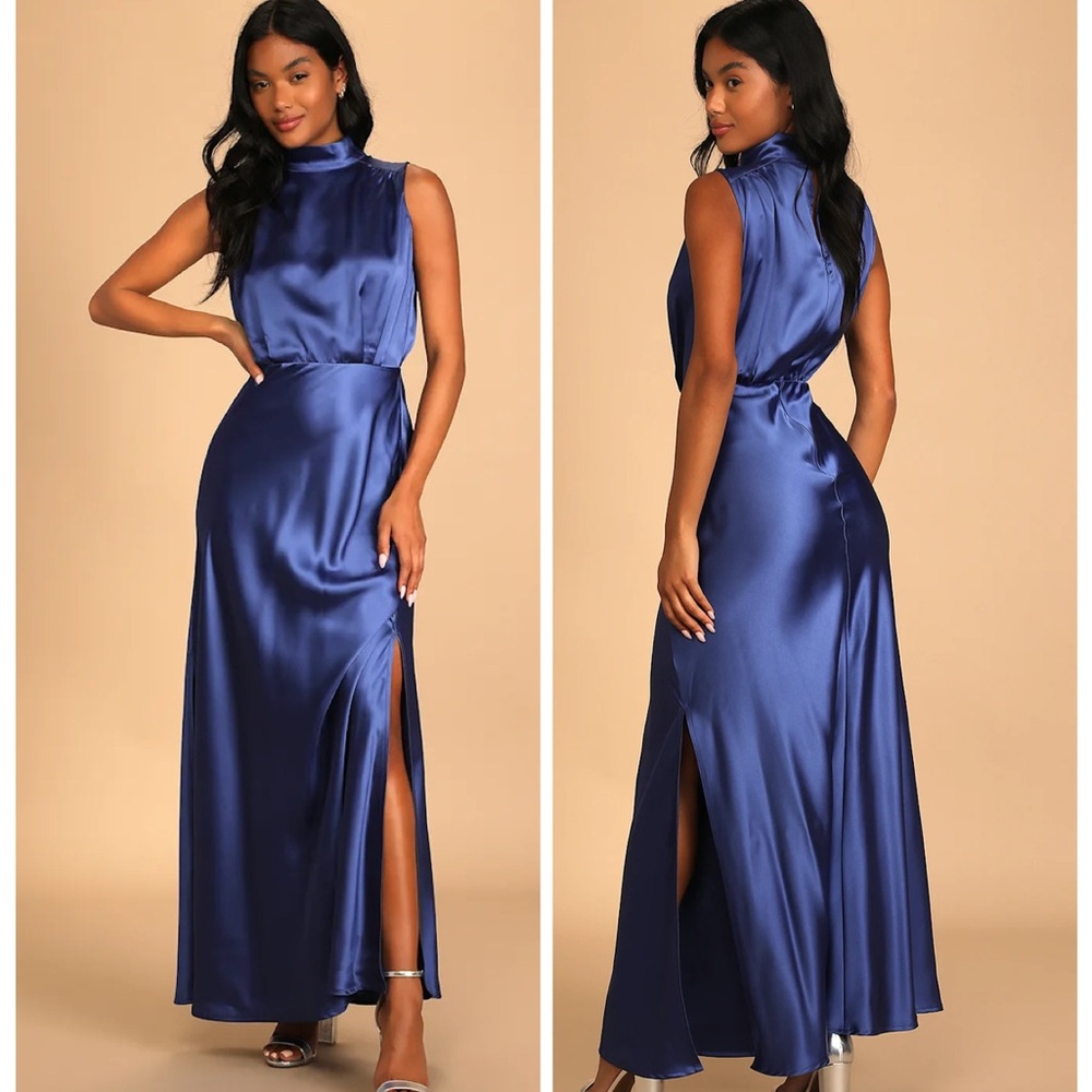 Lulus Classic Elegance Blue Satin Sleeveless Mock Neck Maxi Dress Size XL Formal